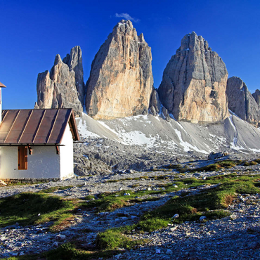 Chapel at the Three Peaks Hut against the north walls of the Three Peaks, Sesto Dolomites, Trentino-South Tyrol 100 Jigsaw Puzzle 3D Modell