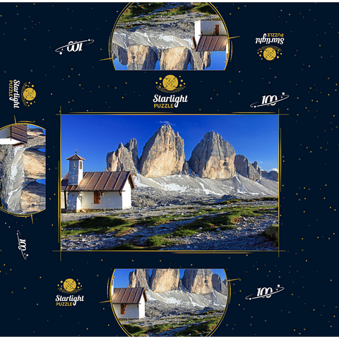 Chapel at the Three Peaks Hut against the north walls of the Three Peaks, Sesto Dolomites, Trentino-South Tyrol 100 Jigsaw Puzzle box 3D Modell