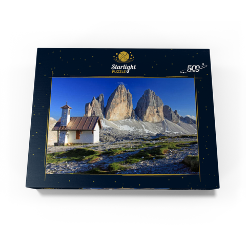 Chapel at the Three Peaks Hut against the north walls of the Three Peaks, Sesto Dolomites, Trentino-South Tyrol 500 Jigsaw Puzzle box view1