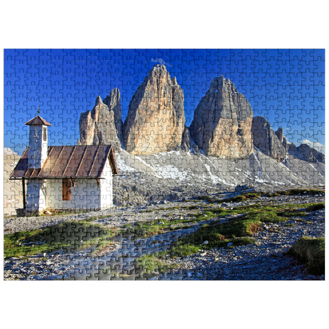 puzzleplate Chapel at the Three Peaks Hut against the north walls of the Three Peaks, Sesto Dolomites, Trentino-South Tyrol 500 Jigsaw Puzzle