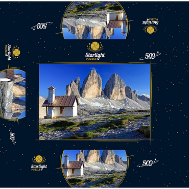 Chapel at the Three Peaks Hut against the north walls of the Three Peaks, Sesto Dolomites, Trentino-South Tyrol 500 Jigsaw Puzzle box 3D Modell