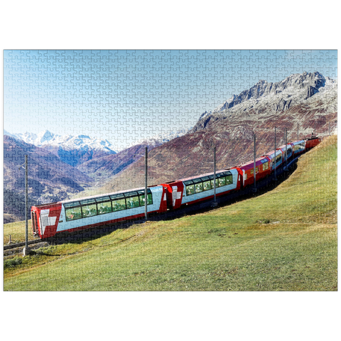 puzzleplate An express with panoramic windows overlooking the meadows on the mountains and snow-capped mountains under blue sunny sky in Andermatt, Uri, Switzerland 1000 Jigsaw Puzzle