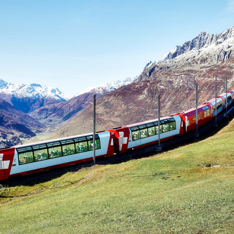 An express with panoramic windows overlooking the meadows on the mountains and snow-capped mountains under blue sunny sky in Andermatt, Uri, Switzerland 1000 Jigsaw Puzzle 3D Modell