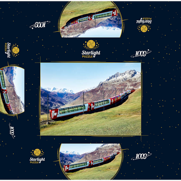 An express with panoramic windows overlooking the meadows on the mountains and snow-capped mountains under blue sunny sky in Andermatt, Uri, Switzerland 1000 Jigsaw Puzzle box 3D Modell