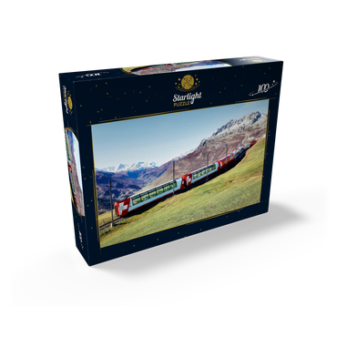 An express with panoramic windows overlooking the meadows on the mountains and snow-capped mountains under blue sunny sky in Andermatt, Uri, Switzerland 100 Jigsaw Puzzle box view1