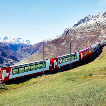 An express with panoramic windows overlooking the meadows on the mountains and snow-capped mountains under blue sunny sky in Andermatt, Uri, Switzerland 100 Jigsaw Puzzle 3D Modell