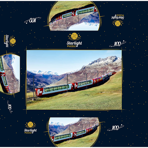 An express with panoramic windows overlooking the meadows on the mountains and snow-capped mountains under blue sunny sky in Andermatt, Uri, Switzerland 100 Jigsaw Puzzle box 3D Modell