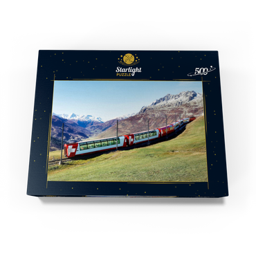 An express with panoramic windows overlooking the meadows on the mountains and snow-capped mountains under blue sunny sky in Andermatt, Uri, Switzerland 500 Jigsaw Puzzle box view1