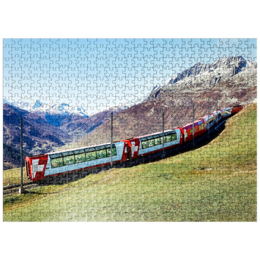 puzzleplate An express with panoramic windows overlooking the meadows on the mountains and snow-capped mountains under blue sunny sky in Andermatt, Uri, Switzerland 500 Jigsaw Puzzle