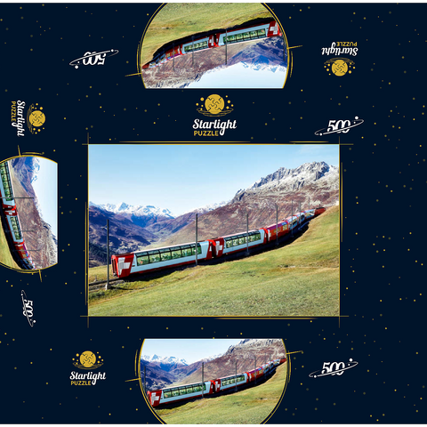 An express with panoramic windows overlooking the meadows on the mountains and snow-capped mountains under blue sunny sky in Andermatt, Uri, Switzerland 500 Jigsaw Puzzle box 3D Modell