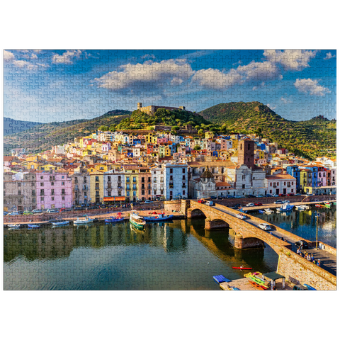 puzzleplate Aerial view of beautiful village Bosa with colorful houses and medieval castle. Bosa is located in northwest Sardinia, Italy. Aerial view of colorful houses in Bosa village, Sardegna. 1000 Jigsaw Puzzle