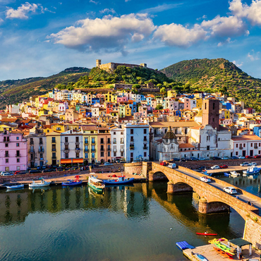 Aerial view of beautiful village Bosa with colorful houses and medieval castle. Bosa is located in northwest Sardinia, Italy. Aerial view of colorful houses in Bosa village, Sardegna. 1000 Jigsaw Puzzle 3D Modell