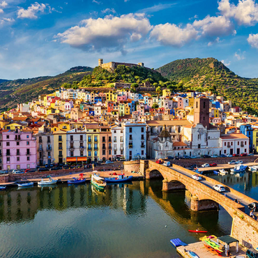 Aerial view of beautiful village Bosa with colorful houses and medieval castle. Bosa is located in northwest Sardinia, Italy. Aerial view of colorful houses in Bosa village, Sardegna. 100 Jigsaw Puzzle 3D Modell