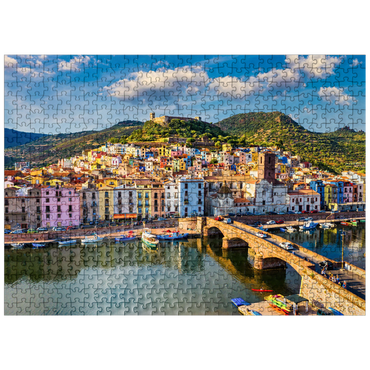 puzzleplate Aerial view of beautiful village Bosa with colorful houses and medieval castle. Bosa is located in northwest Sardinia, Italy. Aerial view of colorful houses in Bosa village, Sardegna. 500 Jigsaw Puzzle