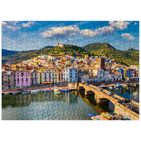 puzzleplate Aerial view of beautiful village Bosa with colorful houses and medieval castle. Bosa is located in northwest Sardinia, Italy. Aerial view of colorful houses in Bosa village, Sardegna. 500 Jigsaw Puzzle