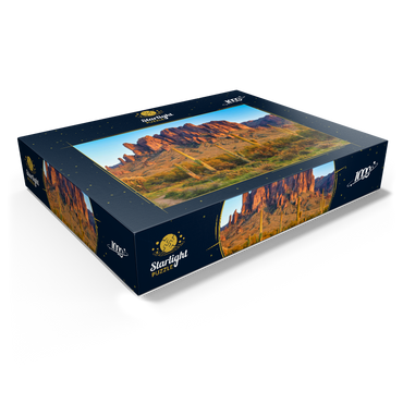 The Superstition Mountains and Sonoran desert landscape at sunset in Lost Dutchman State Park, Arizona. 1000 Jigsaw Puzzle box view1