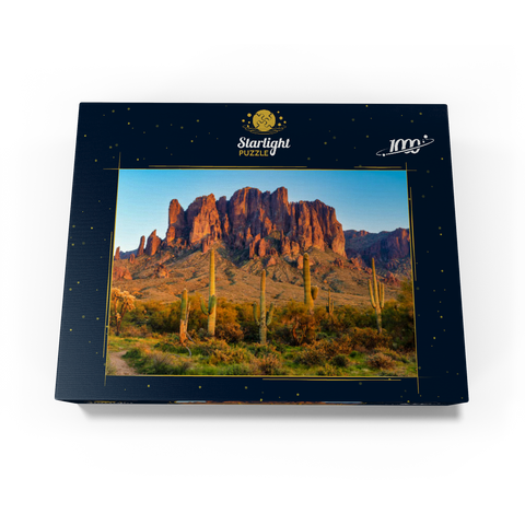 The Superstition Mountains and Sonoran desert landscape at sunset in Lost Dutchman State Park, Arizona. 1000 Jigsaw Puzzle box view1