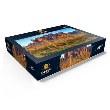 The Superstition Mountains and Sonoran desert landscape at sunset in Lost Dutchman State Park, Arizona. 100 Jigsaw Puzzle box view1