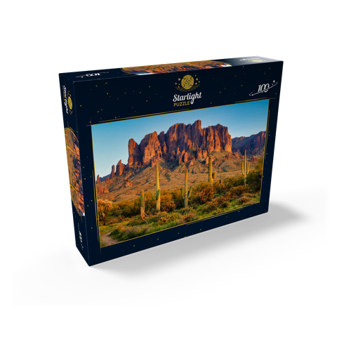 The Superstition Mountains and Sonoran desert landscape at sunset in Lost Dutchman State Park, Arizona. 100 Jigsaw Puzzle box view1