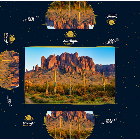 The Superstition Mountains and Sonoran desert landscape at sunset in Lost Dutchman State Park, Arizona. 100 Jigsaw Puzzle box 3D Modell