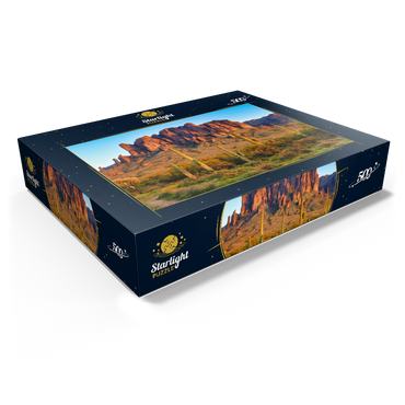 The Superstition Mountains and Sonoran desert landscape at sunset in Lost Dutchman State Park, Arizona. 500 Jigsaw Puzzle box view1
