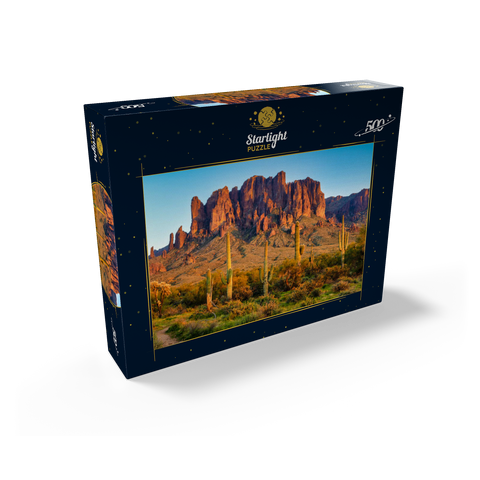 The Superstition Mountains and Sonoran desert landscape at sunset in Lost Dutchman State Park, Arizona. 500 Jigsaw Puzzle box view1