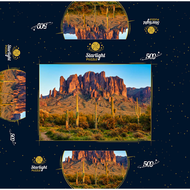 The Superstition Mountains and Sonoran desert landscape at sunset in Lost Dutchman State Park, Arizona. 500 Jigsaw Puzzle box 3D Modell