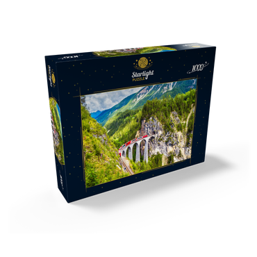 Glacier Express on the Landwasser Viaduct, Switzerland, the landmark of the Swiss Alps. The red Bernina train runs on the railroad bridge in the mountains. Aerial view of the railroad in summer. Beautiful alpine scenery 1000 Jigsaw Puzzle box view1
