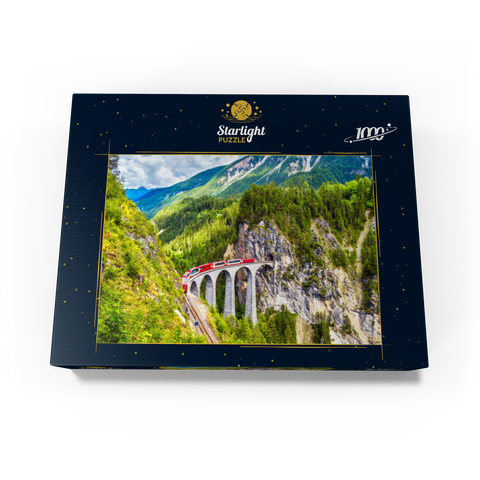 Glacier Express on the Landwasser Viaduct, Switzerland, the landmark of the Swiss Alps. The red Bernina train runs on the railroad bridge in the mountains. Aerial view of the railroad in summer. Beautiful alpine scenery 1000 Jigsaw Puzzle box view1