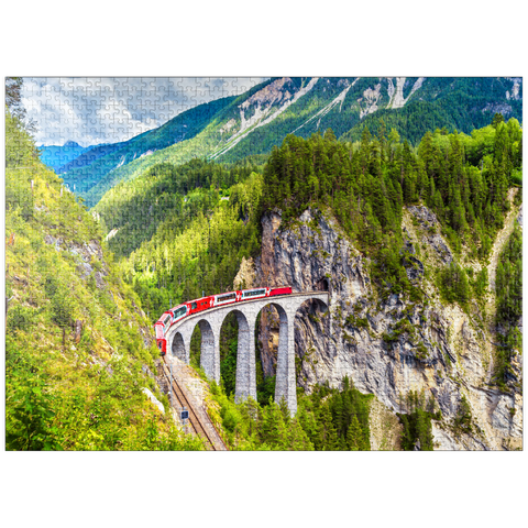 puzzleplate Glacier Express on the Landwasser Viaduct, Switzerland, the landmark of the Swiss Alps. The red Bernina train runs on the railroad bridge in the mountains. Aerial view of the railroad in summer. Beautiful alpine scenery 1000 Jigsaw Puzzle