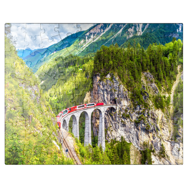 puzzleplate Glacier Express on the Landwasser Viaduct, Switzerland, the landmark of the Swiss Alps. The red Bernina train runs on the railroad bridge in the mountains. Aerial view of the railroad in summer. Beautiful alpine scenery 100 Jigsaw Puzzle