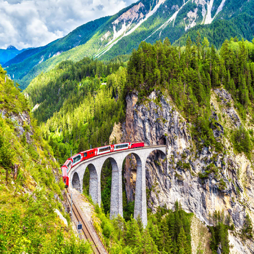 Glacier Express on the Landwasser Viaduct, Switzerland, the landmark of the Swiss Alps. The red Bernina train runs on the railroad bridge in the mountains. Aerial view of the railroad in summer. Beautiful alpine scenery 100 Jigsaw Puzzle 3D Modell
