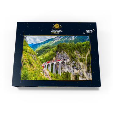 Glacier Express on the Landwasser Viaduct, Switzerland, the landmark of the Swiss Alps. The red Bernina train runs on the railroad bridge in the mountains. Aerial view of the railroad in summer. Beautiful alpine scenery 500 Jigsaw Puzzle box view1