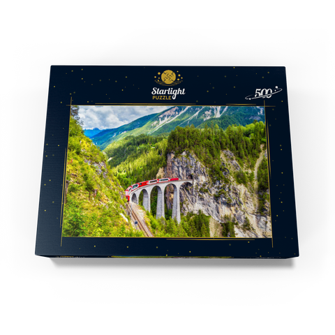 Glacier Express on the Landwasser Viaduct, Switzerland, the landmark of the Swiss Alps. The red Bernina train runs on the railroad bridge in the mountains. Aerial view of the railroad in summer. Beautiful alpine scenery 500 Jigsaw Puzzle box view1