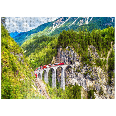 puzzleplate Glacier Express on the Landwasser Viaduct, Switzerland, the landmark of the Swiss Alps. The red Bernina train runs on the railroad bridge in the mountains. Aerial view of the railroad in summer. Beautiful alpine scenery 500 Jigsaw Puzzle
