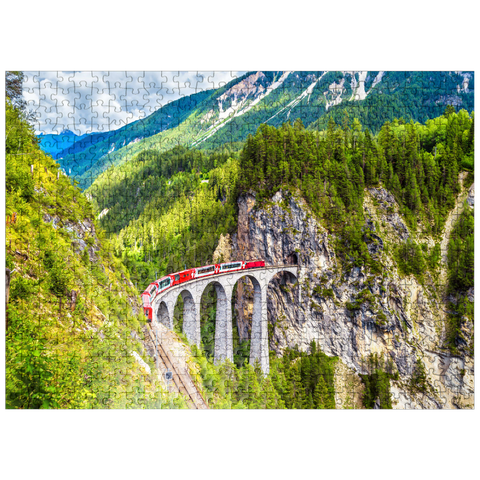 puzzleplate Glacier Express on the Landwasser Viaduct, Switzerland, the landmark of the Swiss Alps. The red Bernina train runs on the railroad bridge in the mountains. Aerial view of the railroad in summer. Beautiful alpine scenery 500 Jigsaw Puzzle