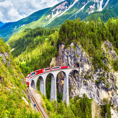 Glacier Express on the Landwasser Viaduct, Switzerland, the landmark of the Swiss Alps. The red Bernina train runs on the railroad bridge in the mountains. Aerial view of the railroad in summer. Beautiful alpine scenery 500 Jigsaw Puzzle 3D Modell
