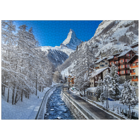 puzzleplate The mountain village of Zermatt in Switzerland, The Matterhorn, Alpine river. 1000 Jigsaw Puzzle
