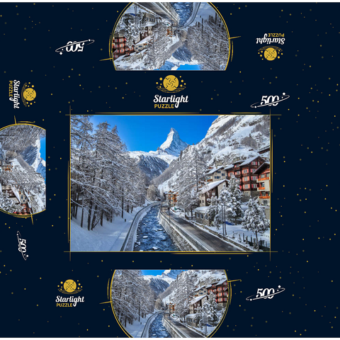 The mountain village of Zermatt in Switzerland, The Matterhorn, Alpine river. 500 Jigsaw Puzzle box 3D Modell