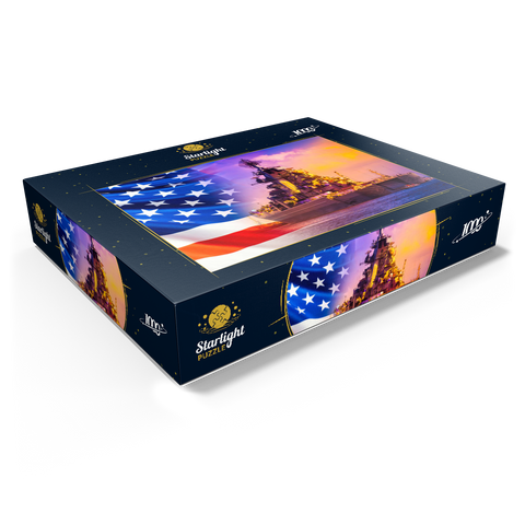 Military parade of American troops. a warship with sailors on deck against the background of the U.S. flag. American fleet. the naval forces of America. protection of the water borders of the country. 1000 Jigsaw Puzzle box view1