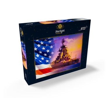 Military parade of American troops. a warship with sailors on deck against the background of the U.S. flag. American fleet. the naval forces of America. protection of the water borders of the country. 1000 Jigsaw Puzzle box view1