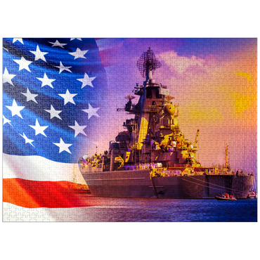 puzzleplate Military parade of American troops. a warship with sailors on deck against the background of the U.S. flag. American fleet. the naval forces of America. protection of the water borders of the country. 1000 Jigsaw Puzzle