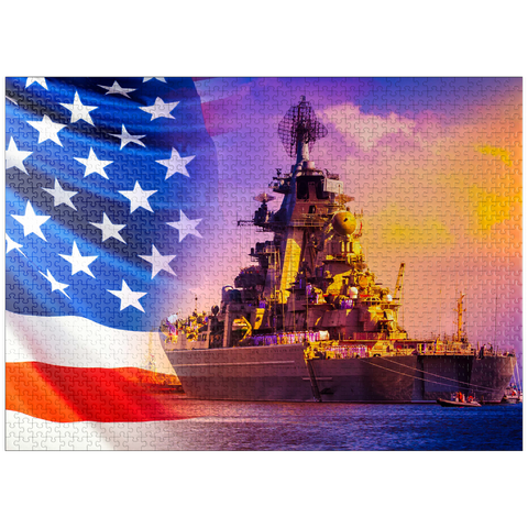 puzzleplate Military parade of American troops. a warship with sailors on deck against the background of the U.S. flag. American fleet. the naval forces of America. protection of the water borders of the country. 1000 Jigsaw Puzzle
