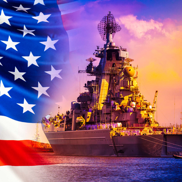 Military parade of American troops. a warship with sailors on deck against the background of the U.S. flag. American fleet. the naval forces of America. protection of the water borders of the country. 1000 Jigsaw Puzzle 3D Modell