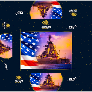 Military parade of American troops. a warship with sailors on deck against the background of the U.S. flag. American fleet. the naval forces of America. protection of the water borders of the country. 1000 Jigsaw Puzzle box 3D Modell