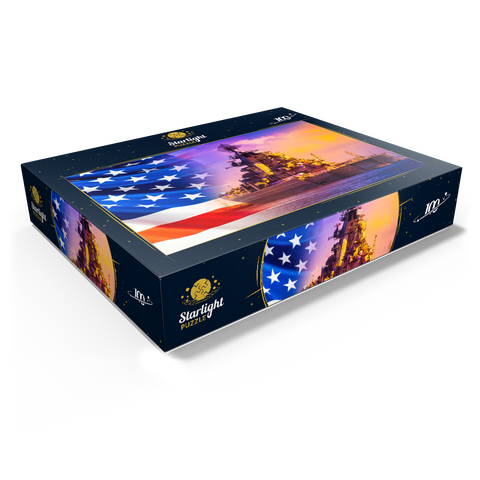Military parade of American troops. a warship with sailors on deck against the background of the U.S. flag. American fleet. the naval forces of America. protection of the water borders of the country. 100 Jigsaw Puzzle box view1