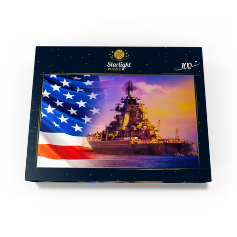Military parade of American troops. a warship with sailors on deck against the background of the U.S. flag. American fleet. the naval forces of America. protection of the water borders of the country. 100 Jigsaw Puzzle box view1
