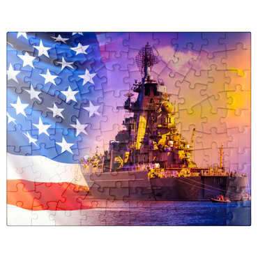 puzzleplate Military parade of American troops. a warship with sailors on deck against the background of the U.S. flag. American fleet. the naval forces of America. protection of the water borders of the country. 100 Jigsaw Puzzle