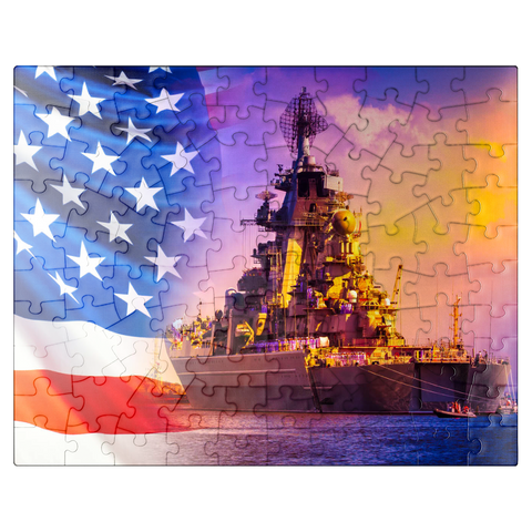puzzleplate Military parade of American troops. a warship with sailors on deck against the background of the U.S. flag. American fleet. the naval forces of America. protection of the water borders of the country. 100 Jigsaw Puzzle