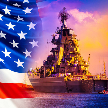 Military parade of American troops. a warship with sailors on deck against the background of the U.S. flag. American fleet. the naval forces of America. protection of the water borders of the country. 100 Jigsaw Puzzle 3D Modell
